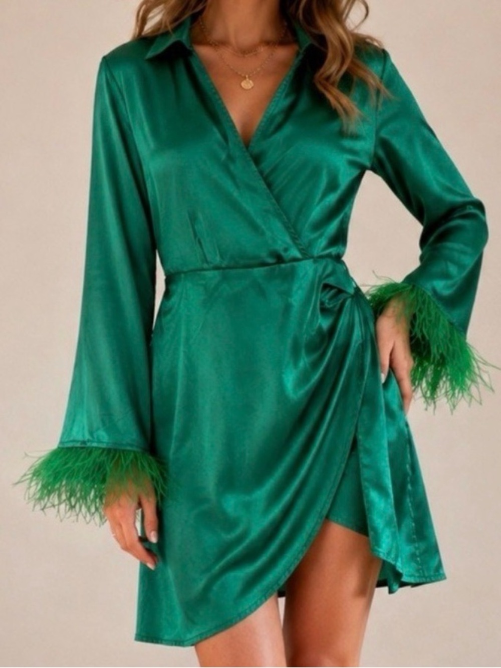 🎃 Cloud Twn Glam Green Satin Feather Trim Dress Size L Halloween